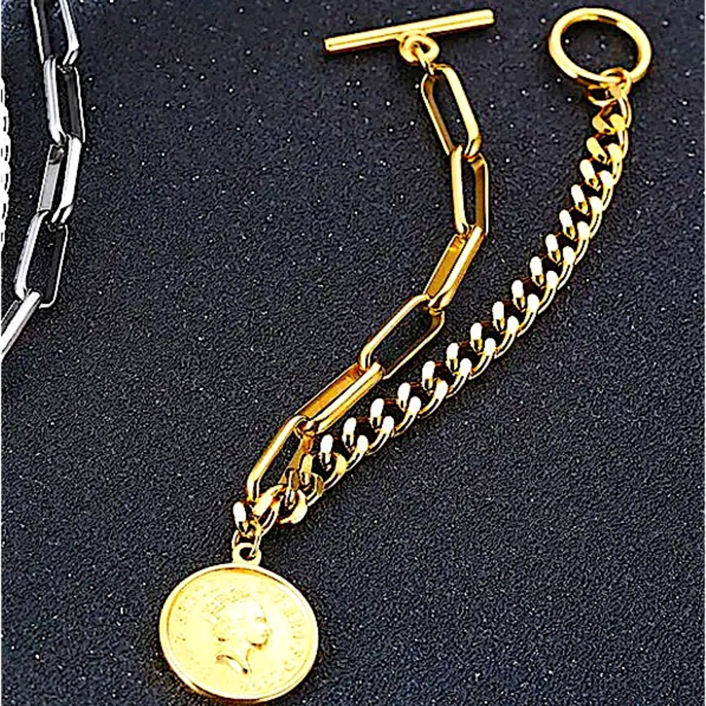 Queen Elizabeth Coin Gold Plated Chain Link Necklace Matching Bracelet Set - Picture 9 of 11